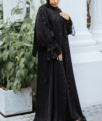 Sequin Lace Open Abaya with Ruffled Sleeves
