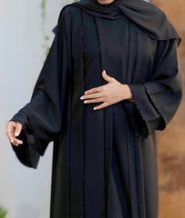 Black Beaded Thin Line And D0uble Sleeved Abaya