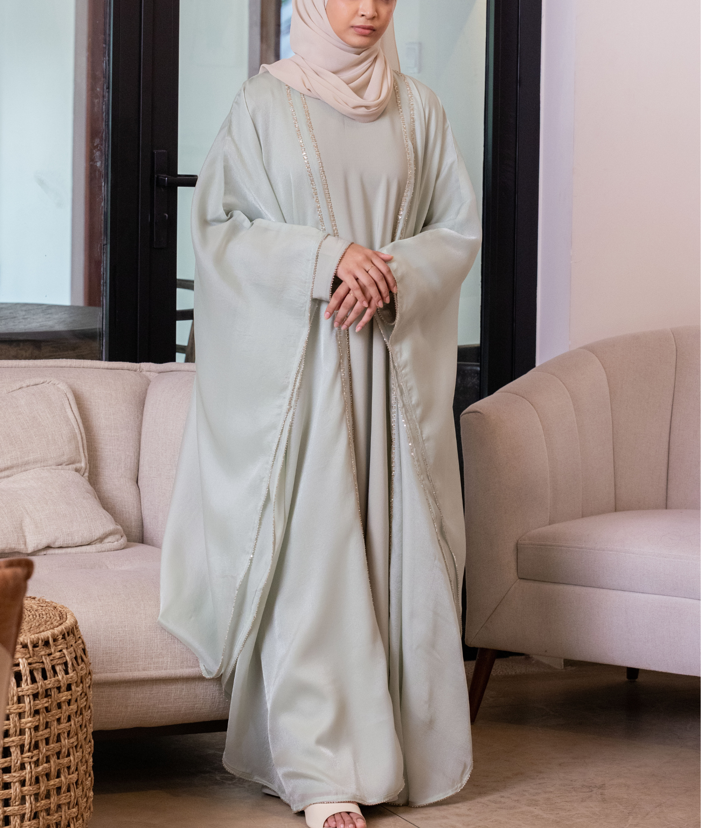 Open Style Abaya With Sequin Border