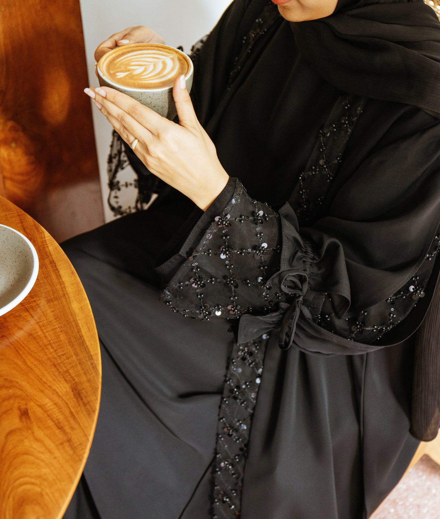 Sequin Lace Open Abaya with Ruffled Sleeves