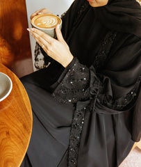Sequin Lace Open Abaya with Ruffled Sleeves