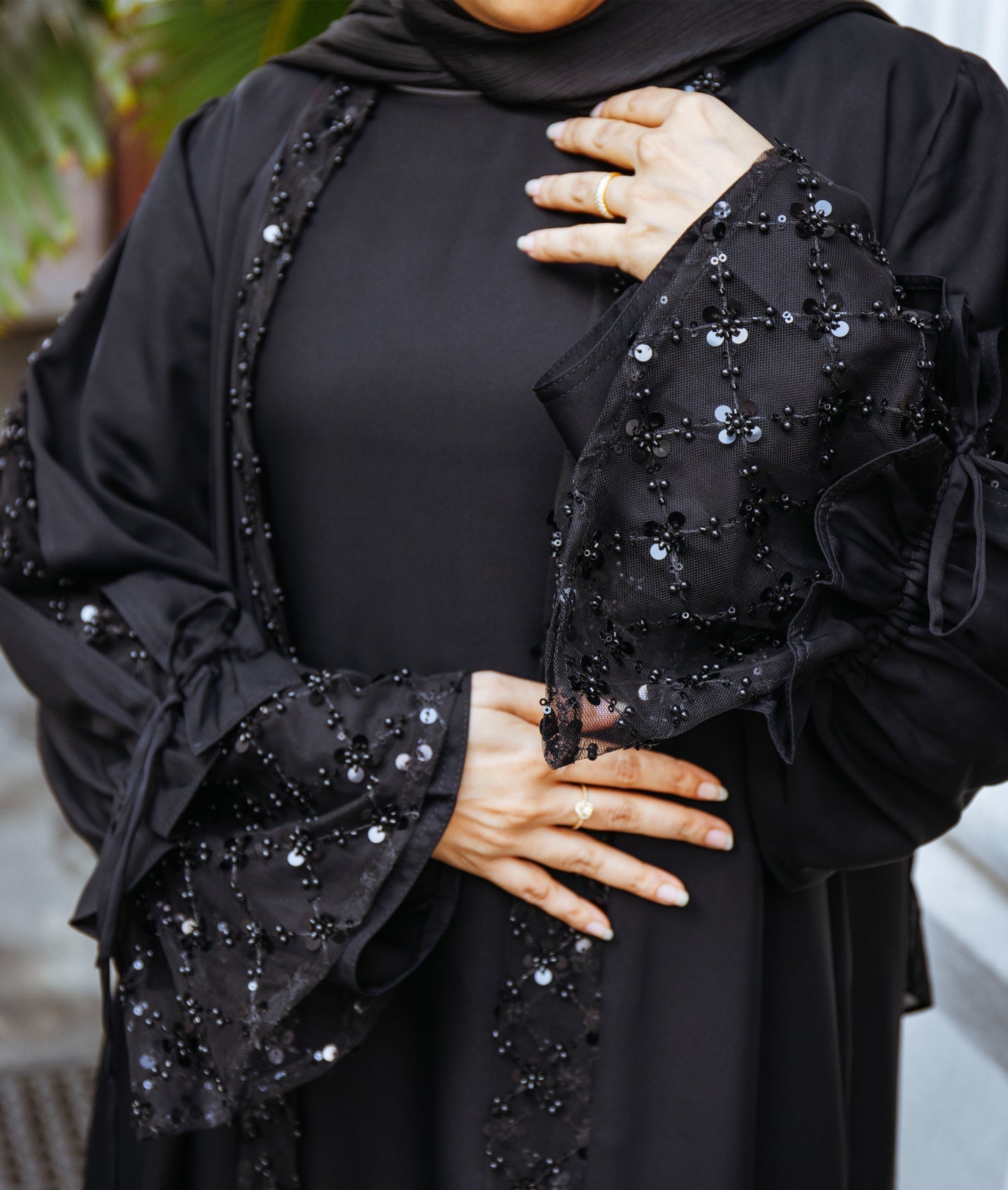 Sequin Lace Open Abaya with Ruffled Sleeves