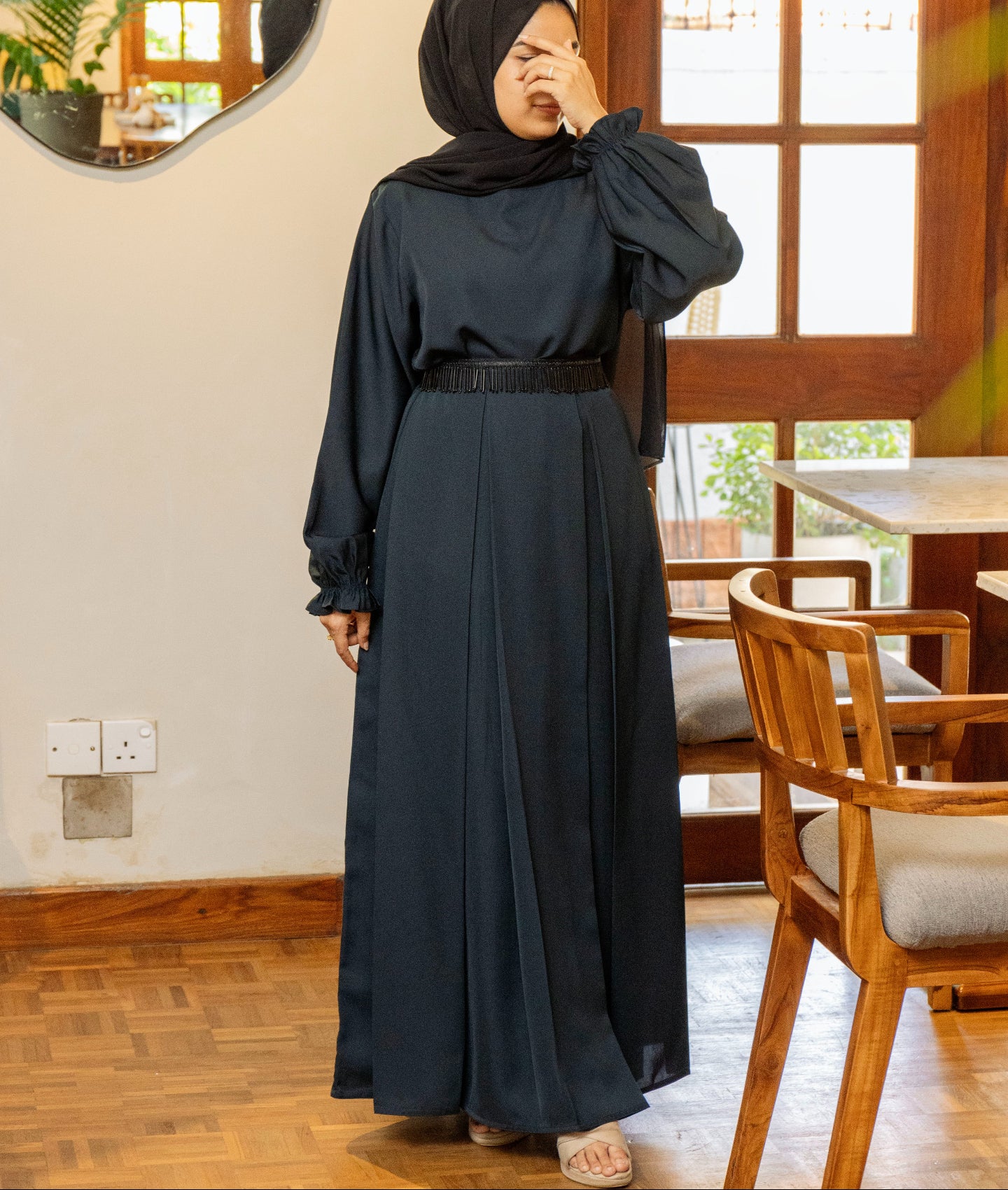 Slate Pleated Abaya with Smocked Cuffs