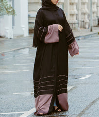 Contrast Sleeve Open Abaya with Piping Detail