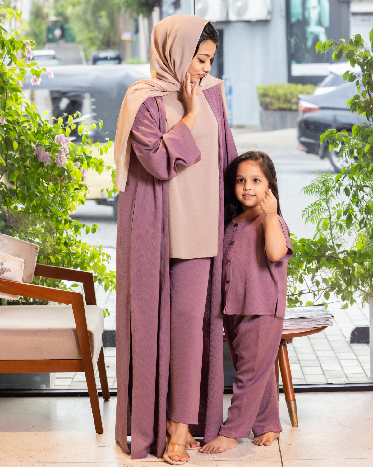 A beautiful layered modest co-ord outfit featuring a flowing overgarment and matching top from our online abaya shop.
