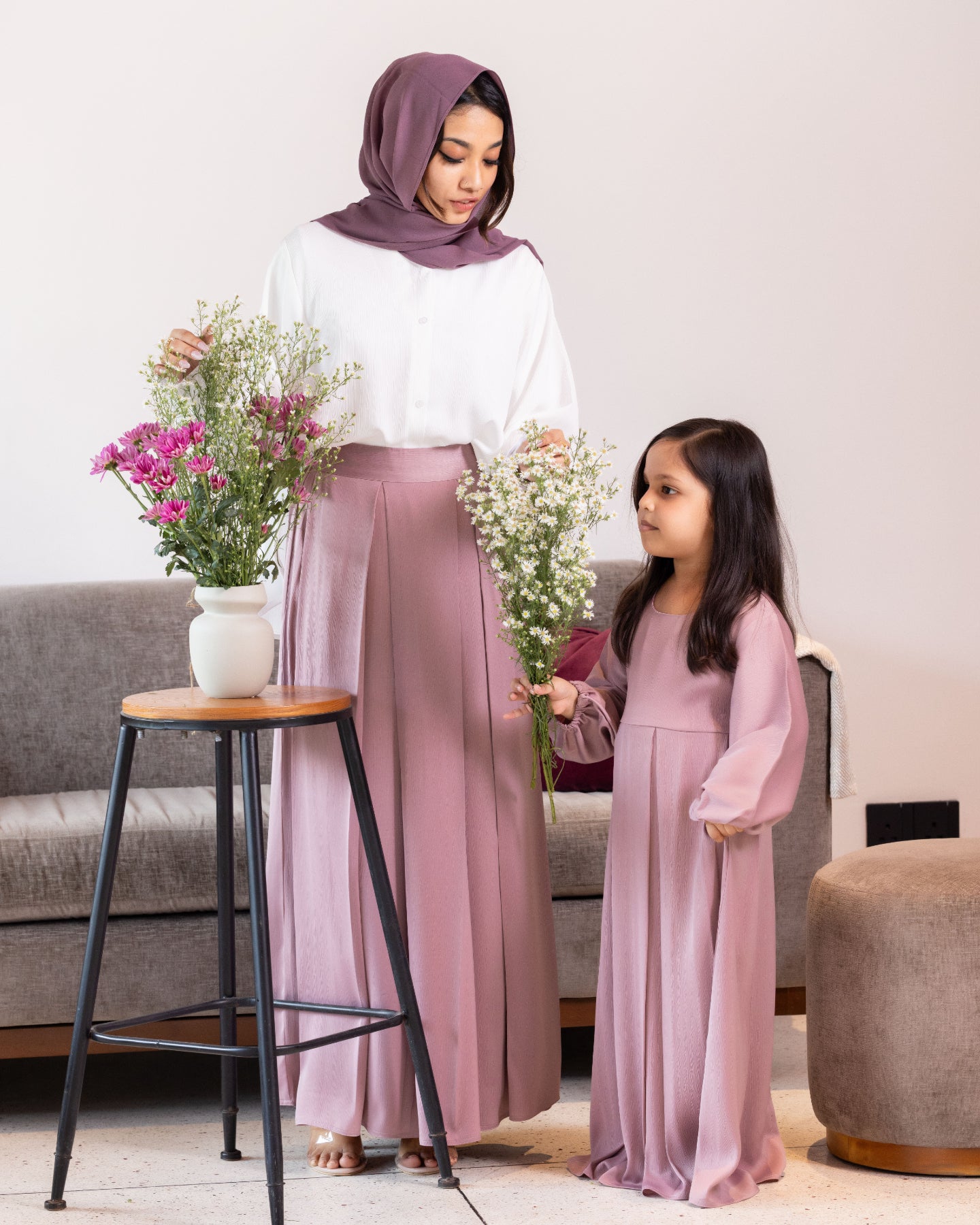 Pleated maxi skirt with long sleeve modest top for women